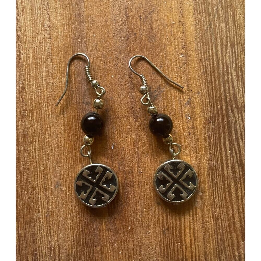 Women's/Teen Black Drop/Dangle Earrings with Gold Logo Feminine Elegant - Picture 3 of 5